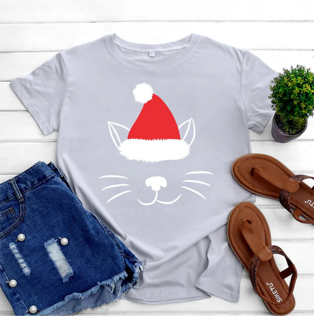 Christmas Hat Cat Face Print T Shirt