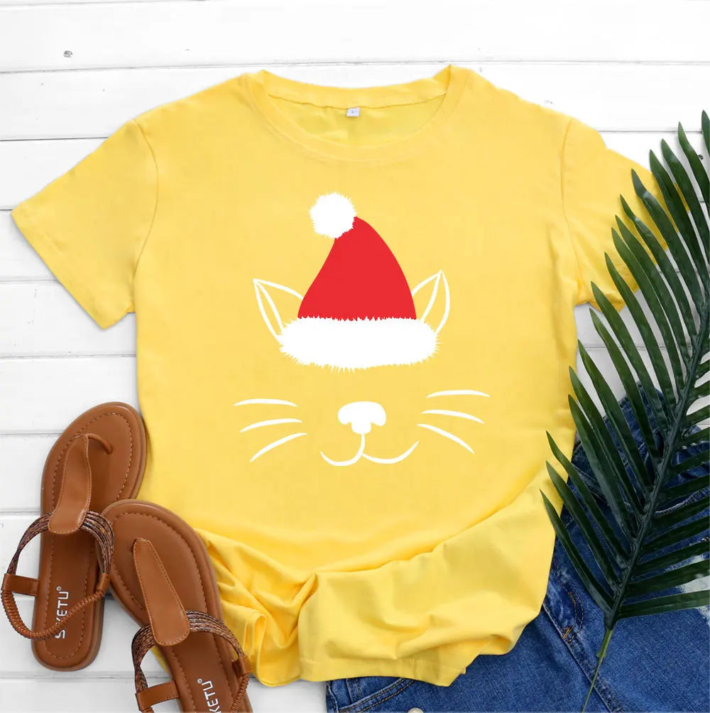 Christmas Hat Cat Face Print T Shirt