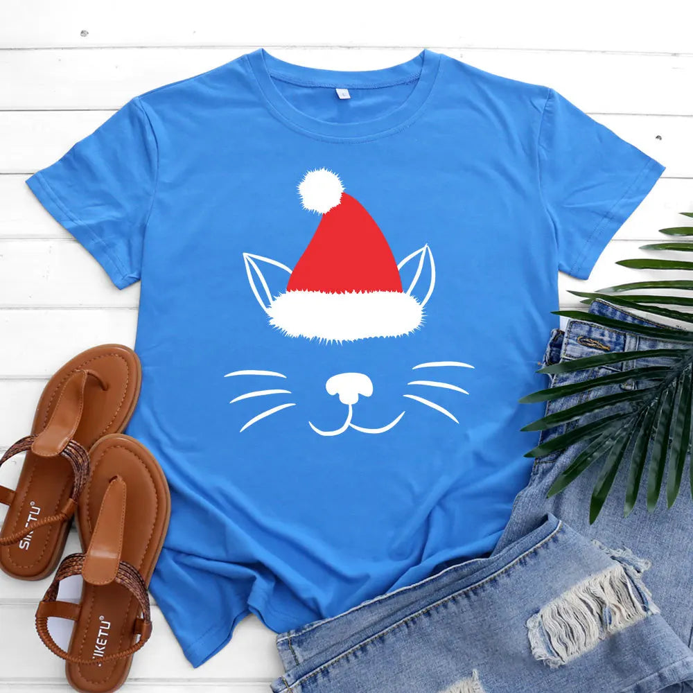 Christmas Hat Cat Face Print T Shirt