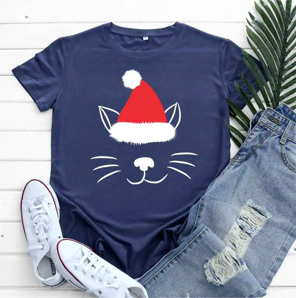 Christmas Hat Cat Face Print T Shirt