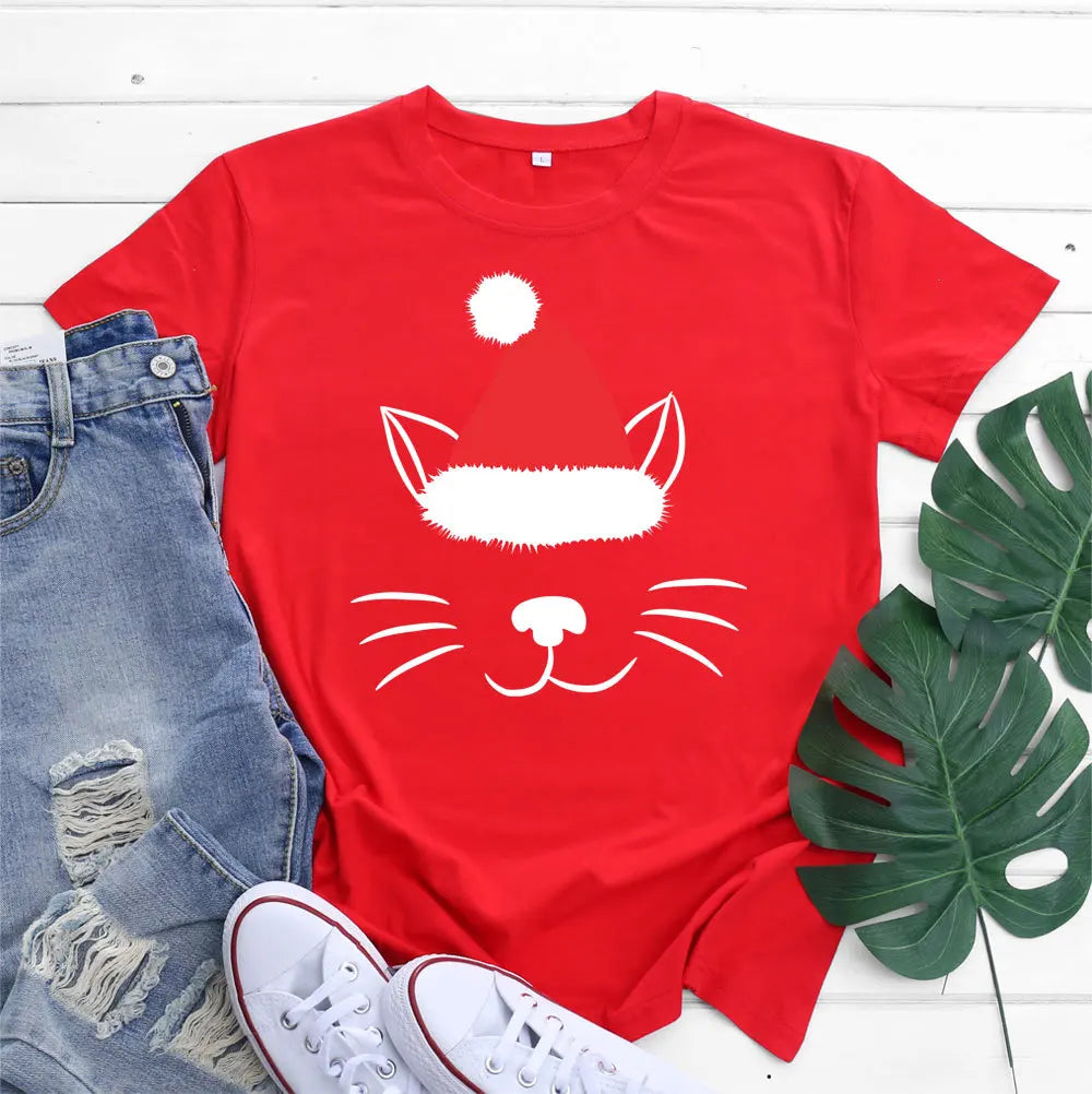 Christmas Hat Cat Face Print T Shirt